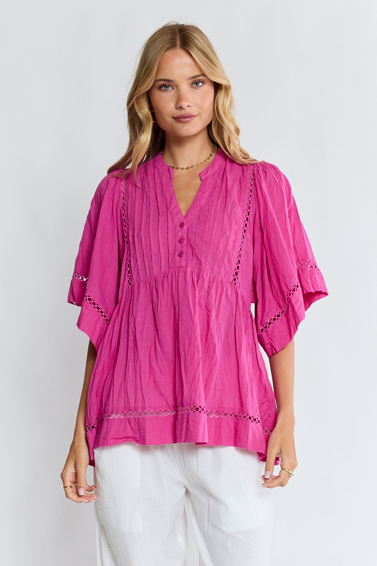 Lula Life Laverne Pin Tuck Top Fuschia