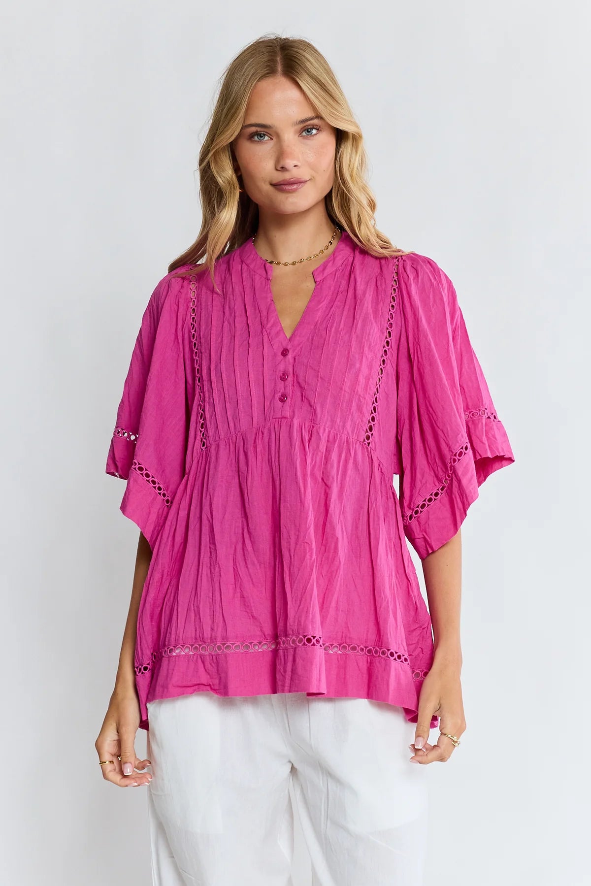 Lula Life Laverne Pin Tuck Top Fuschia