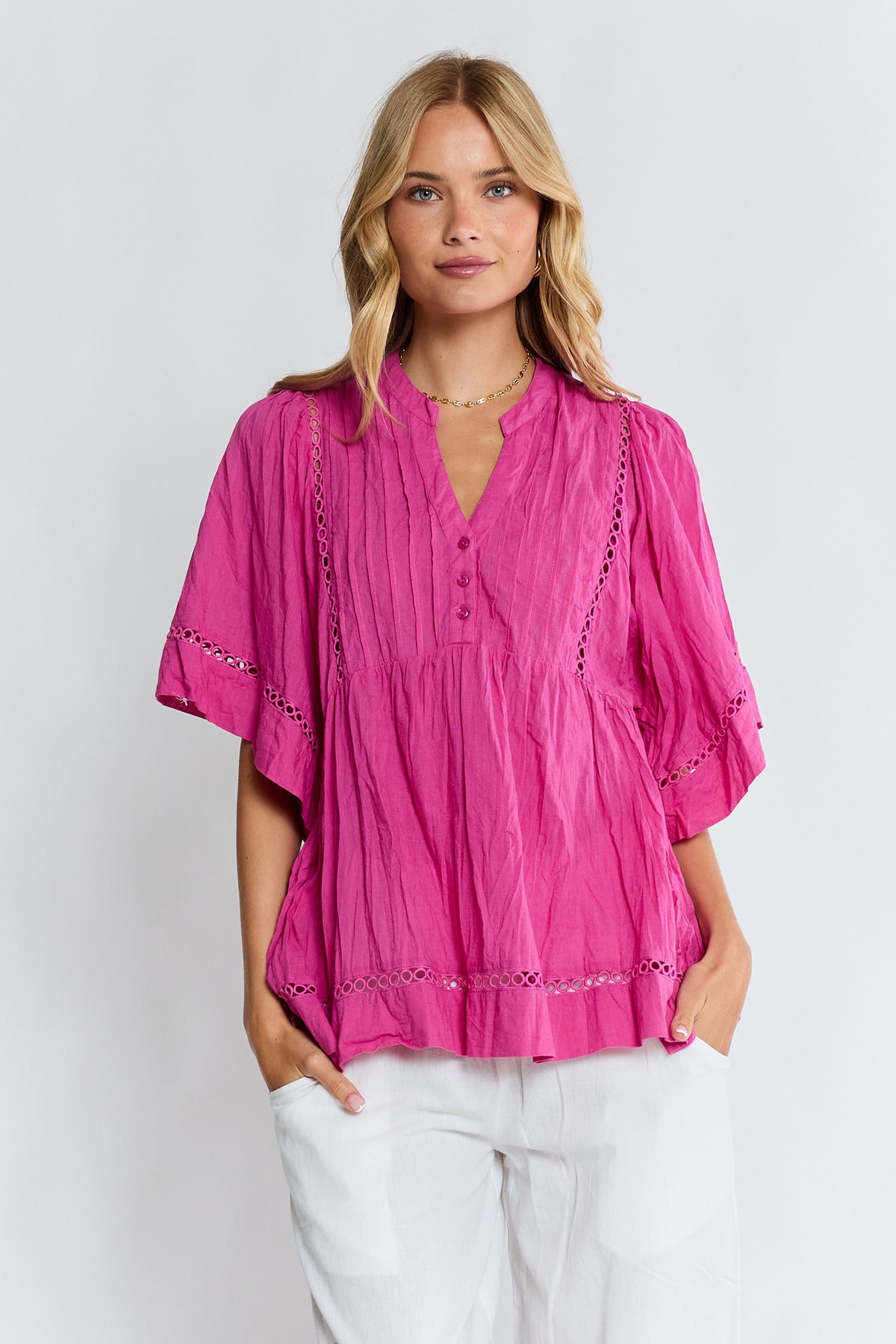 Lula Life Laverne Pin Tuck Top Fuschia