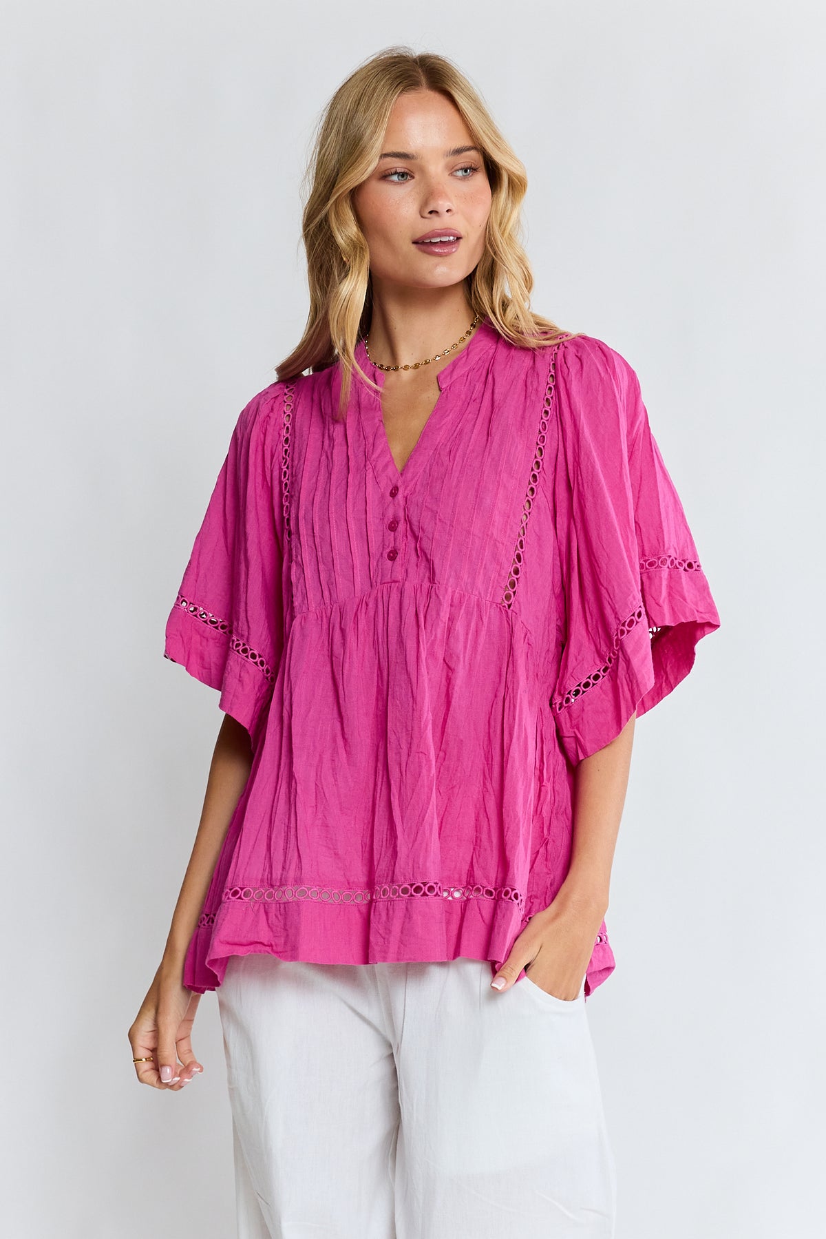 Lula Life Laverne Pin Tuck Top Fuschia