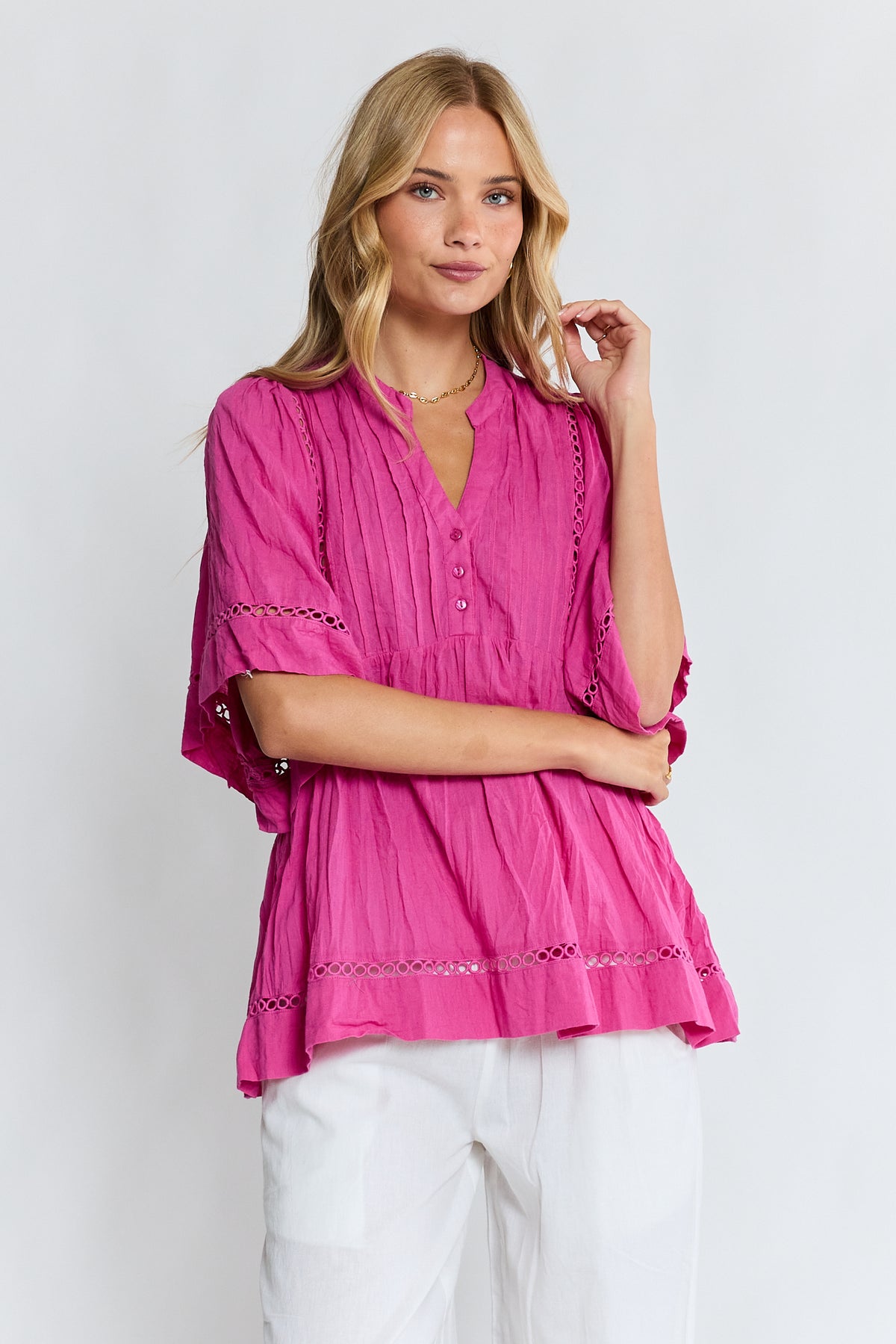 Lula Life Laverne Pin Tuck Top Fuschia
