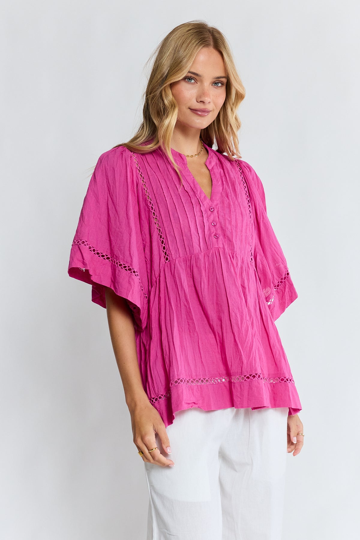 Lula Life Laverne Pin Tuck Top Fuschia