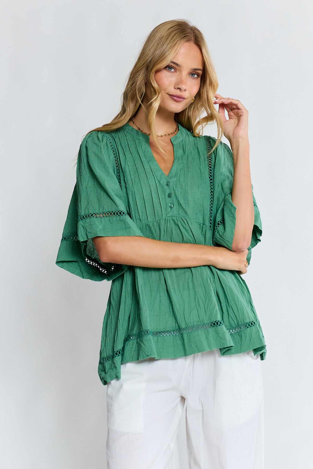 Lula Life Laverne Pin Tuck Top Gumleaf