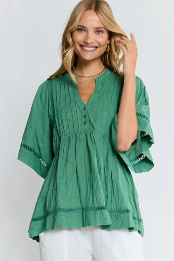 Lula Life Laverne Pin Tuck Top Gumleaf