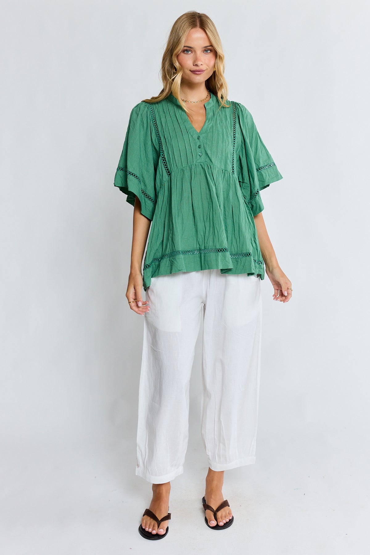 Lula Life Laverne Pin Tuck Top Gumleaf
