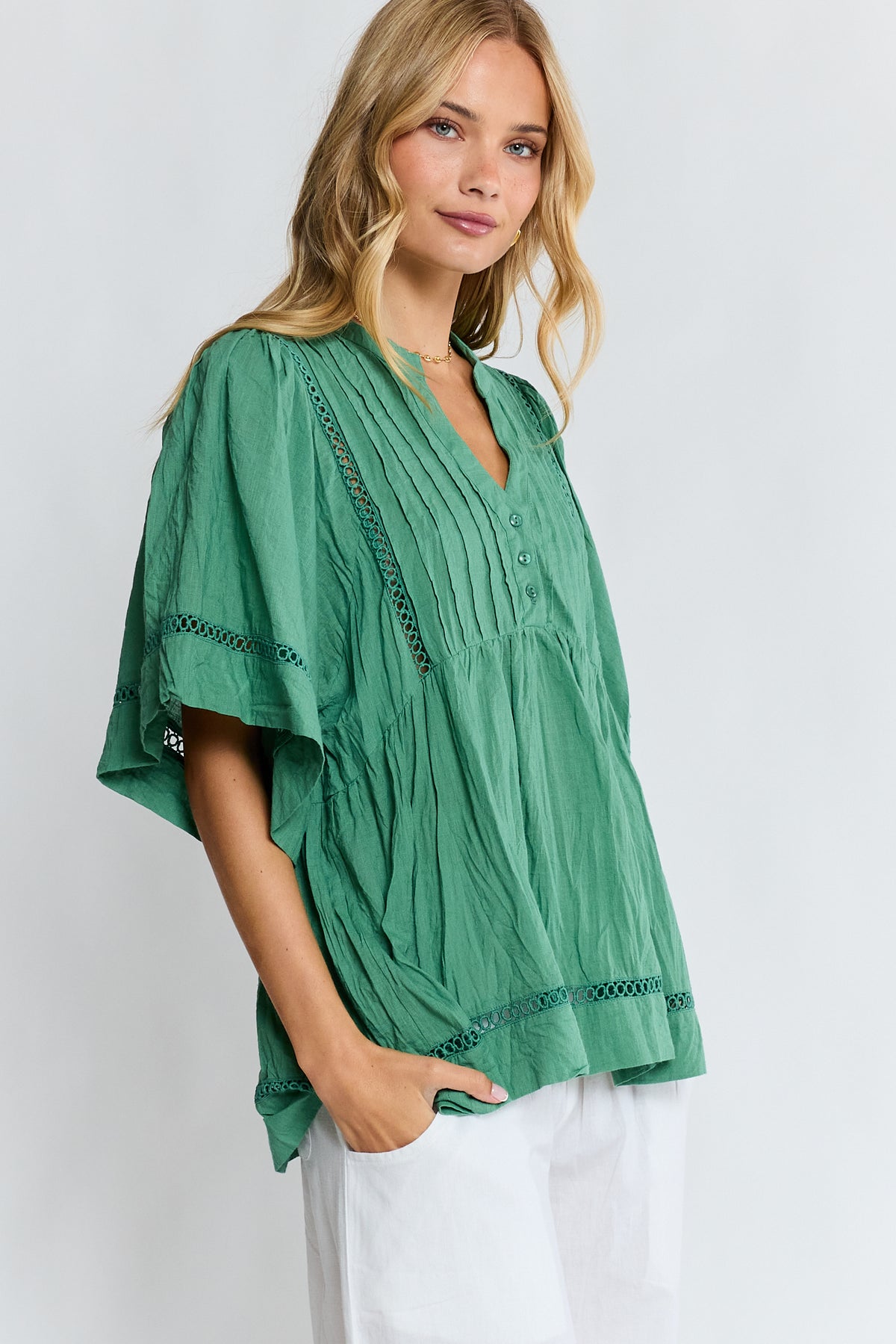 Lula Life Laverne Pin Tuck Top Gumleaf