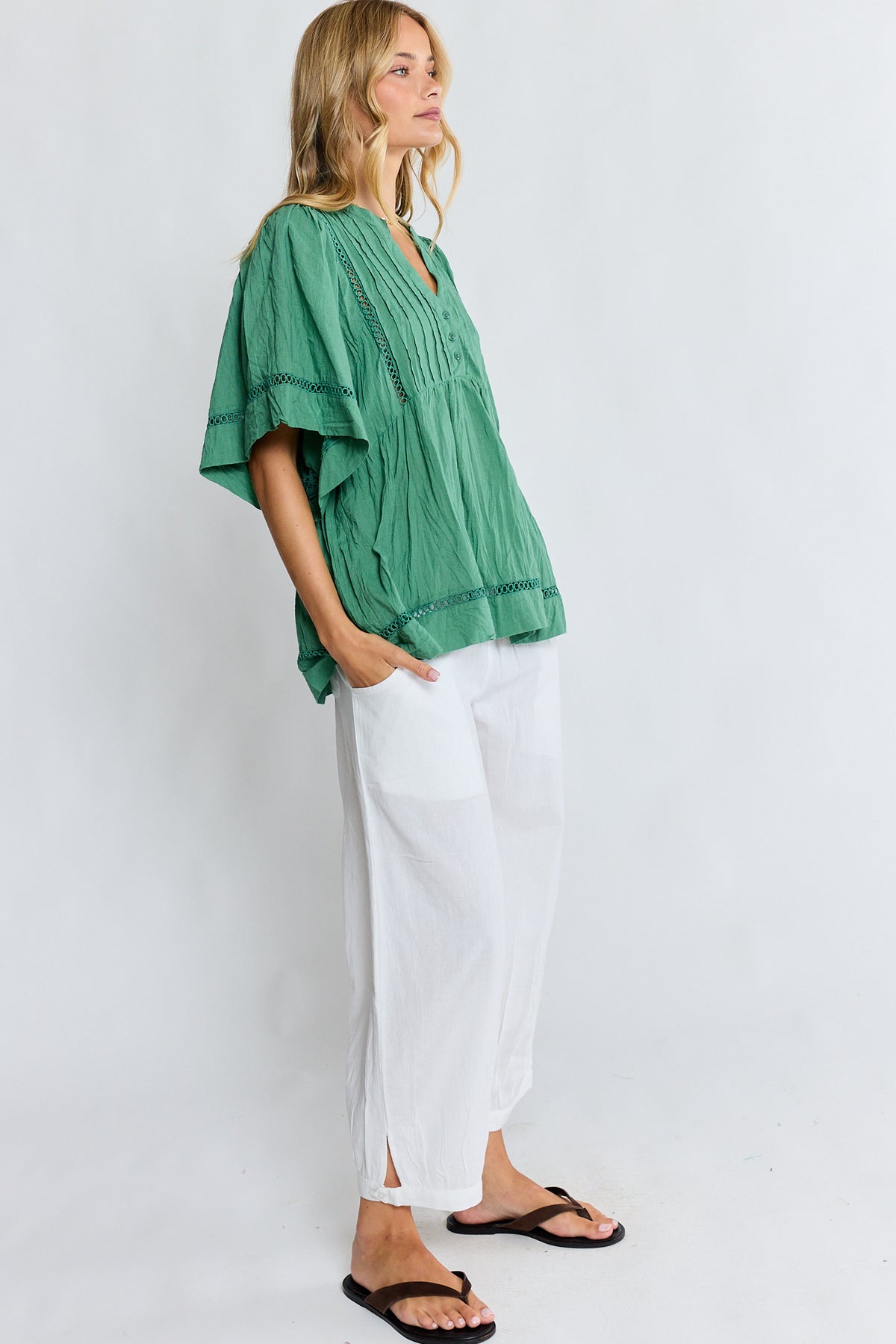 Lula Life Laverne Pin Tuck Top Gumleaf
