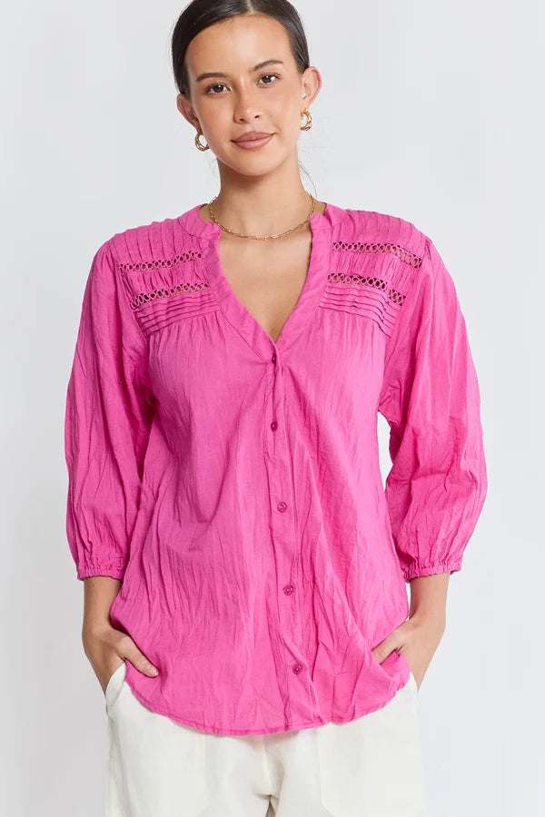 Lula Life Laverne Pin Tuck Top Fuschia