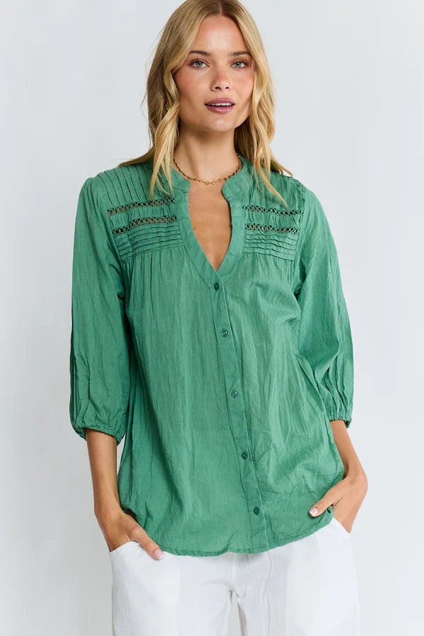 Lula Life Laverne Pin Tuck Top Gumleaf